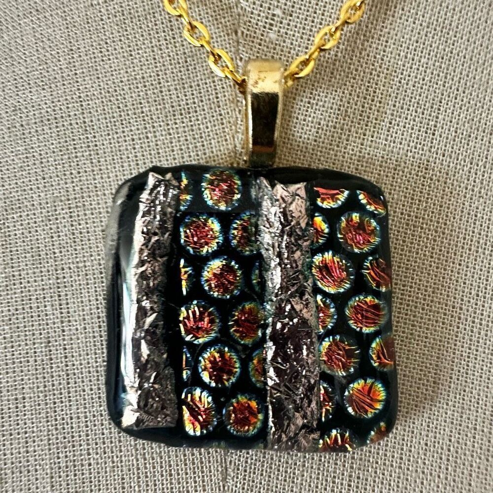 Fused Glass Art Pendant Necklace – Black with Fireburst Accents & Gold Chain
